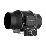 Variable speed in-line booster fan used to exhaust laser fumes through a duct greater than 10 feet in length.